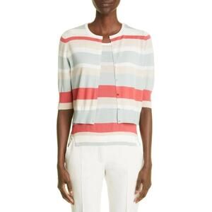 Akris Punto Stripe Virgin Wool Cardigan Mint-Cream-Peachy Pink Slim Fit Sz 8
